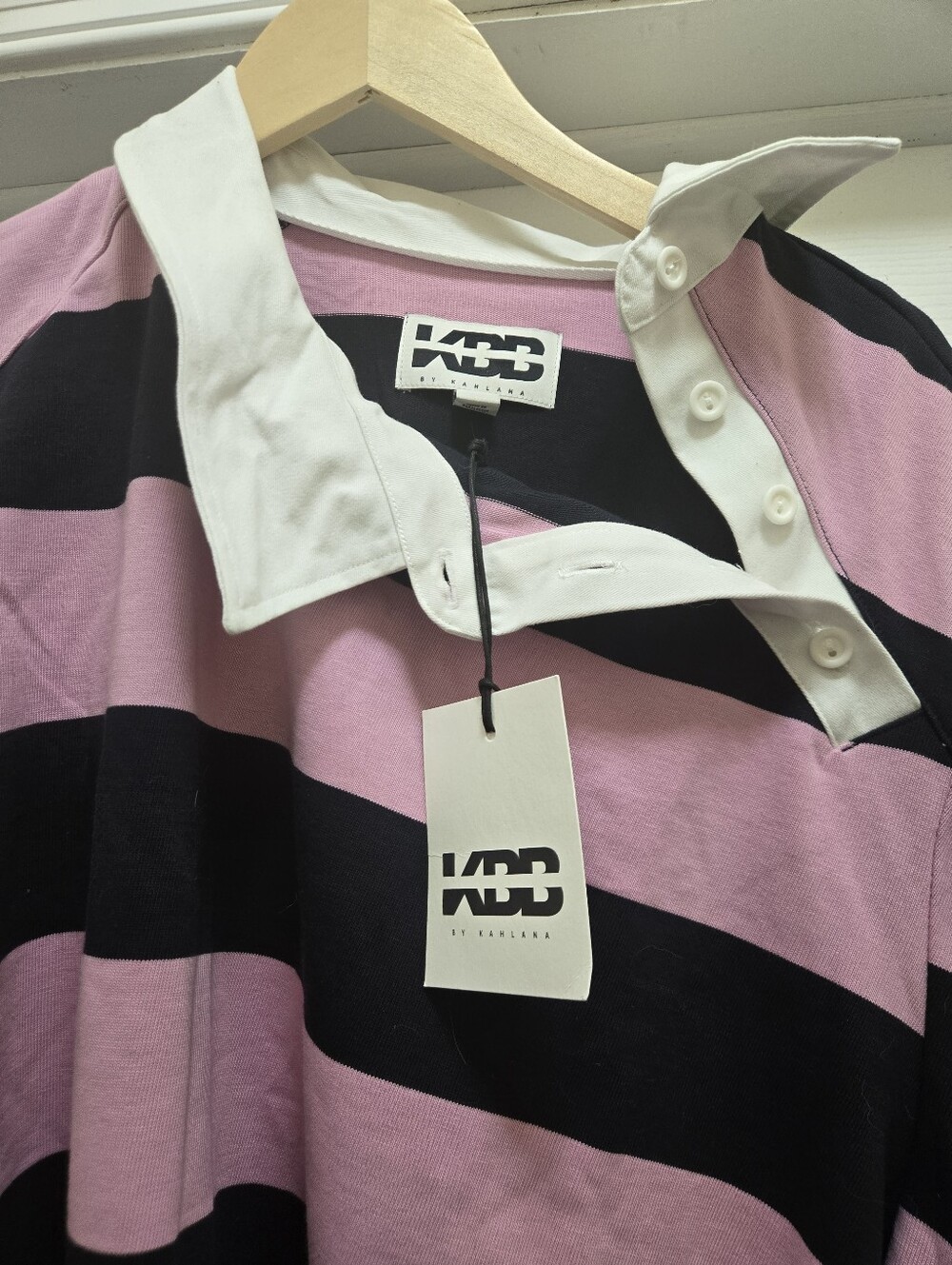 Striped Pink and Navy Polo-Style Puff Sleeve Top - Picture 6 of 7